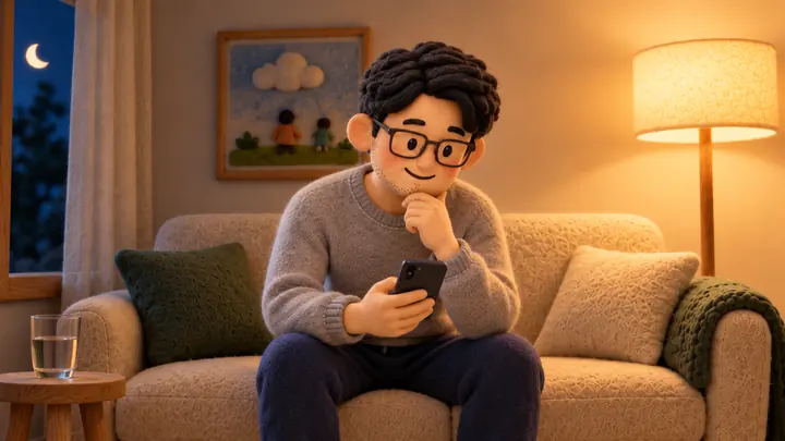 거실 소파에서 아빠가 휴대폰으로 AI 코치의 조언을 읽는 장면