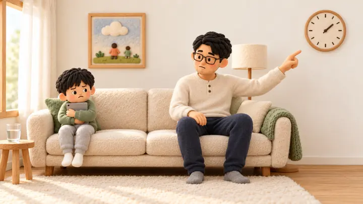 주말 소파 양 끝에 앉아 게임 시간으로 다투는 아빠와 아이