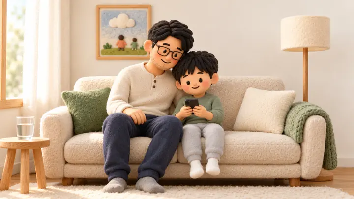 아빠와 아이가 머리를 맞대고 휴대폰 속 심판 판단을 함께 보는 장면