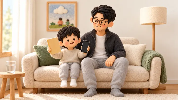 아이가 약속을 지켰다며 휴대폰과 공책을 들어 보이는 장면