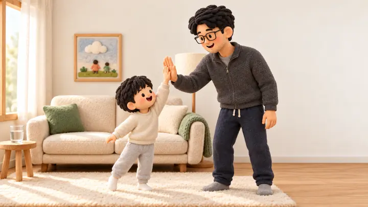 거실에서 아빠와 아이가 하이파이브하는 장면